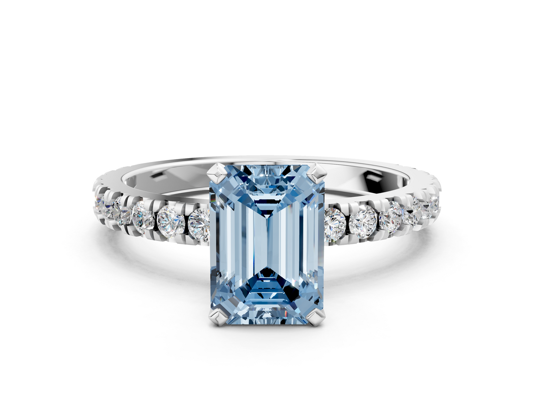 White gold Fancy Blue Emerald  Diamond Pavé Band Solitaire with Four-Prong Setting_197