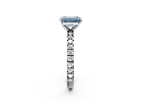 White gold Fancy Blue Emerald  Diamond Pavé Band Solitaire with Four-Prong Setting