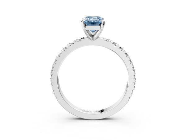 White gold Fancy Blue Emerald  Diamond Pavé Band Solitaire with Four-Prong Setting