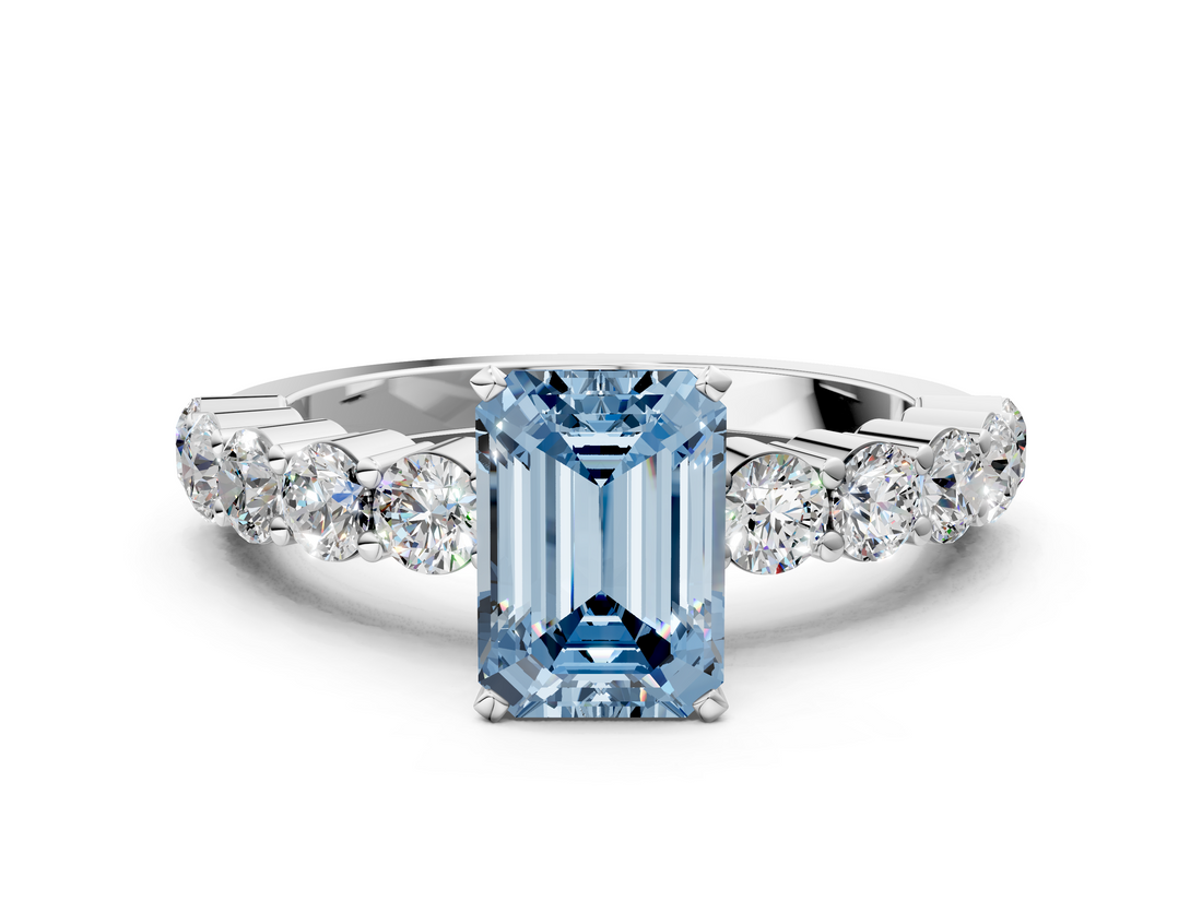 White gold Fancy Blue Emerald  Diamond Pavé Band Solitaire with Four-Prong Setting_3