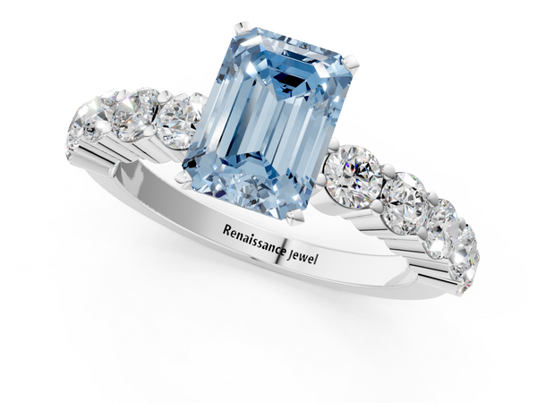 Platinum Fancy Blue Emerald  Diamond Solitaire Ring with Shared Prong Round Side Stones