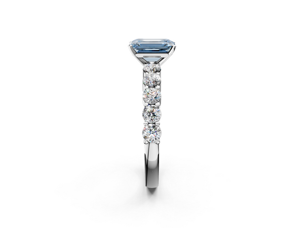 Platinum Fancy Blue Emerald  Diamond Solitaire Ring with Shared Prong Round Side Stones