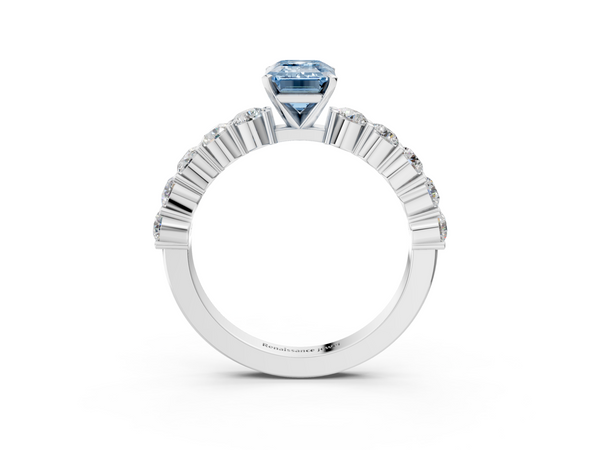 Platinum Fancy Blue Emerald  Diamond Solitaire Ring with Shared Prong Round Side Stones