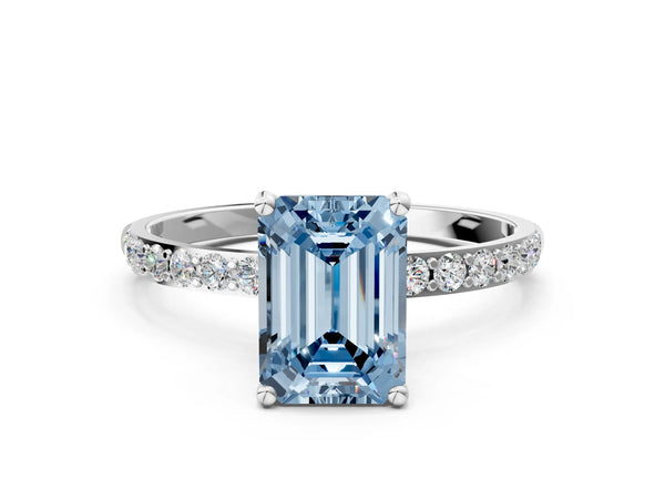 White gold Fancy Blue Emerald  Diamond Pavé Band with Six-Prong Setting