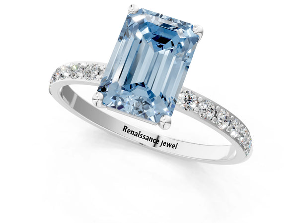 White gold Fancy Blue Emerald  Diamond Pavé Band with Six-Prong Setting