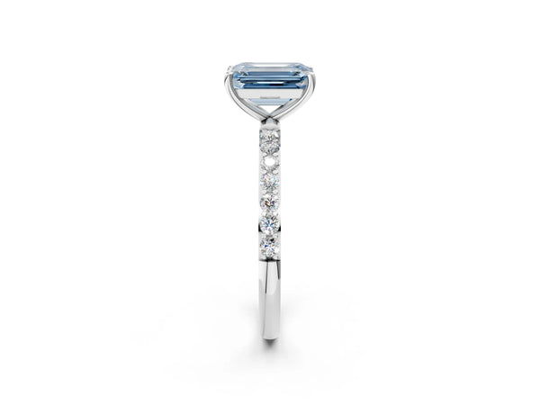 White gold Fancy Blue Emerald  Diamond Pavé Band with Six-Prong Setting