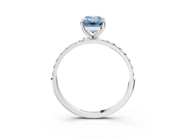 White gold Fancy Blue Emerald  Diamond Pavé Band with Six-Prong Setting