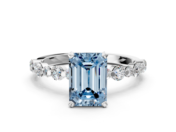 Platinum Fancy Blue Emerald Cut Diamond Prong Set Engagement Ring with Pavé Band