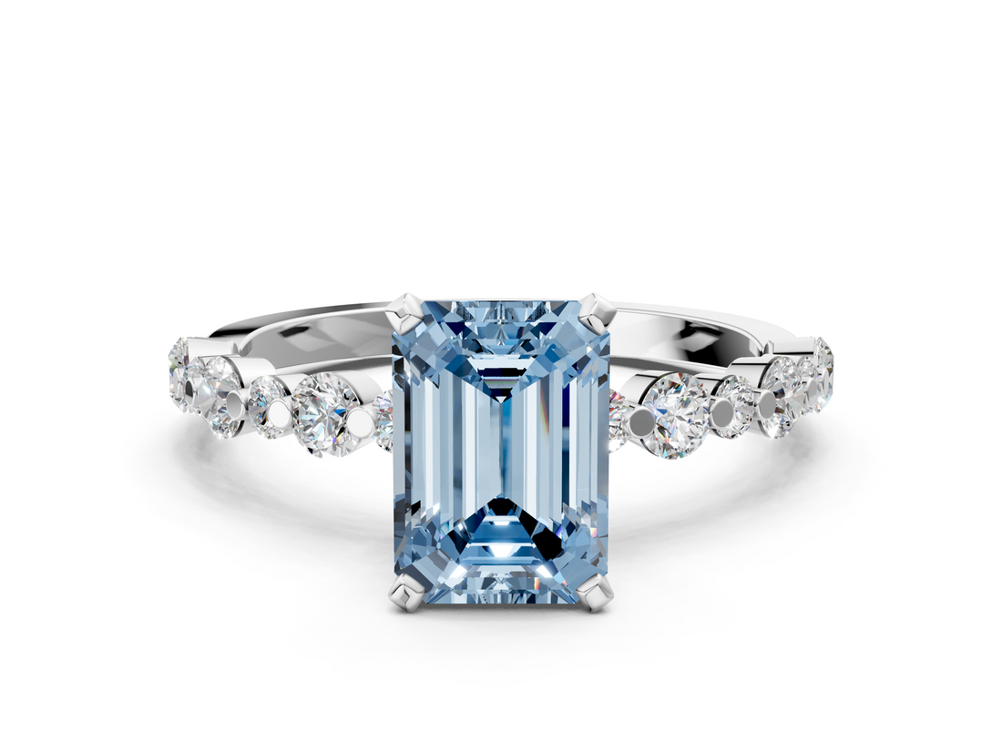 White gold Fancy Blue Emerald  Diamond Prong Set Engagement Ring with Pave Band_204