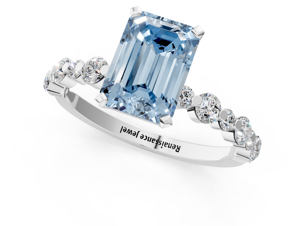Platinum Fancy Blue Emerald Cut Diamond Prong Set Engagement Ring with Pavé Band