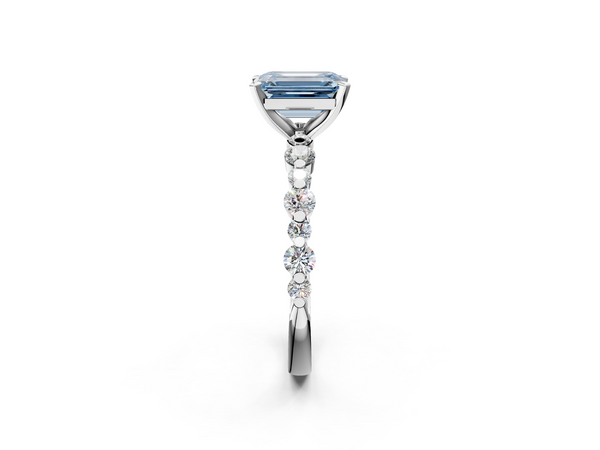 Platinum Fancy Blue Emerald Cut Diamond Prong Set Engagement Ring with Pavé Band