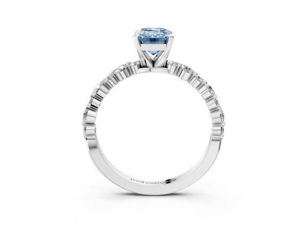 Platinum Fancy Blue Emerald Cut Diamond Prong Set Engagement Ring with Pavé Band