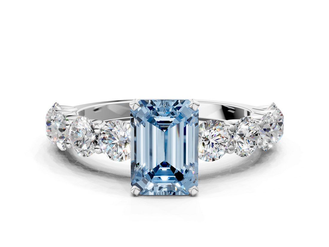 White gold Fancy Blue Emerald  Diamond Prong Setting with Side Stones on a Pave Band_140