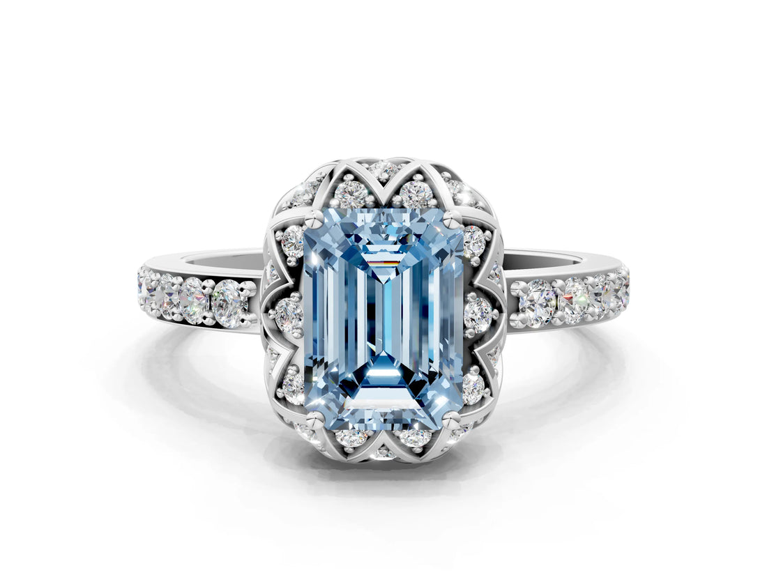 White gold Fancy Blue Emerald  Diamond Solitaire Ring with Shared Prong Pavé Band_66