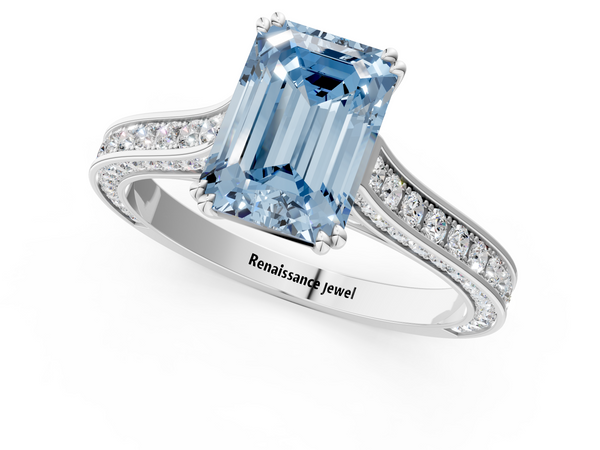 White gold Fancy Blue Emerald  Diamond Solitaire with Pave Band and Six-Prong Setting