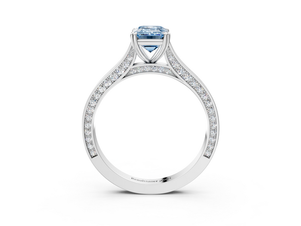 White gold Fancy Blue Emerald  Diamond Solitaire with Pave Band and Six-Prong Setting
