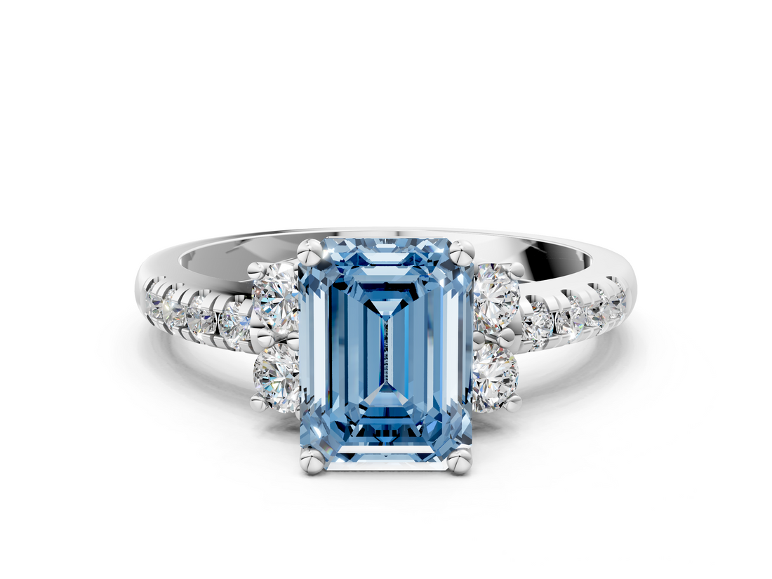 White gold Fancy Blue Emerald  Diamond Three-Stone Pave Band with Four-Prong Setting_20