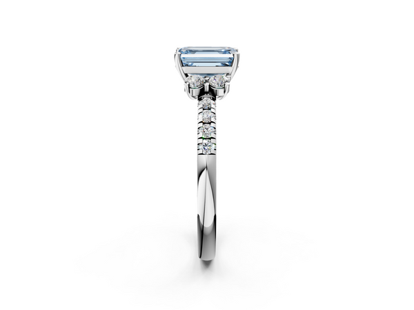 White gold Fancy Blue Emerald  Diamond Three-Stone Pave Band with Four-Prong Setting