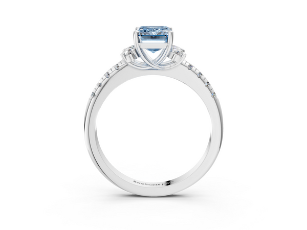 White gold Fancy Blue Emerald  Diamond Three-Stone Pave Band with Four-Prong Setting