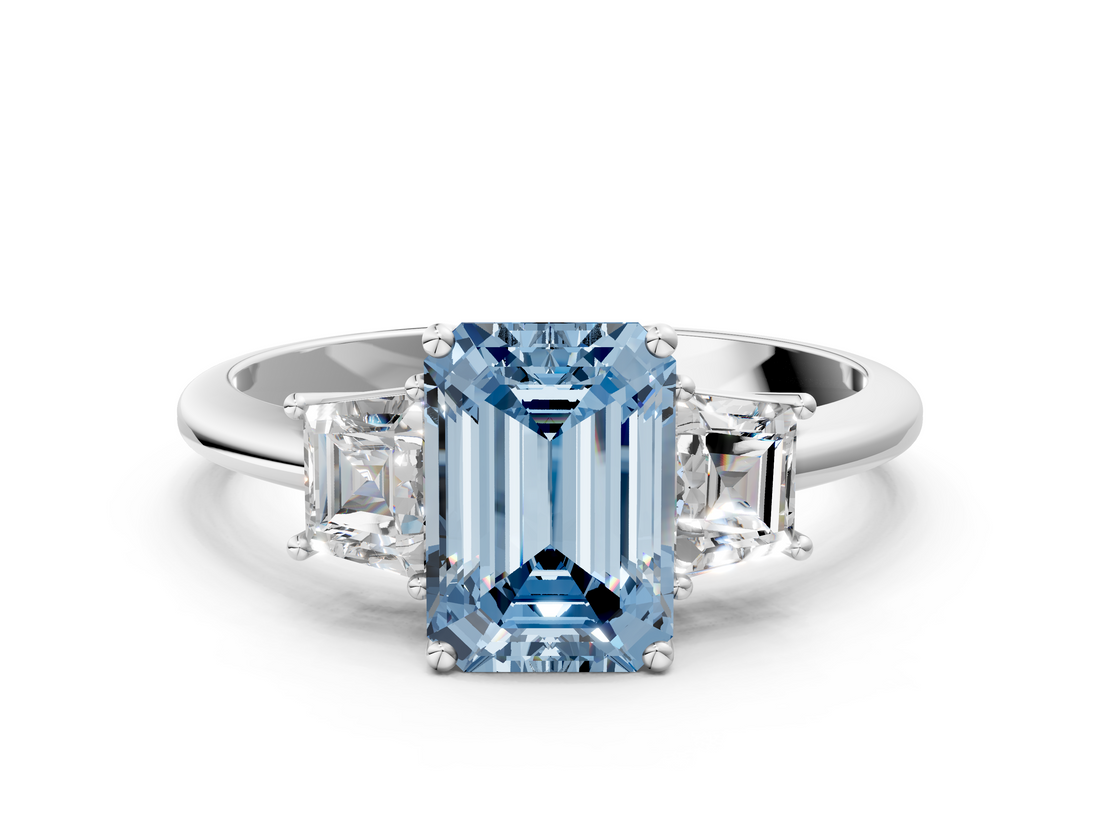 White gold Fancy Blue Emerald  Diamond Three-Stone Ring with Trapezoid Side Stones and Prong Setting_17