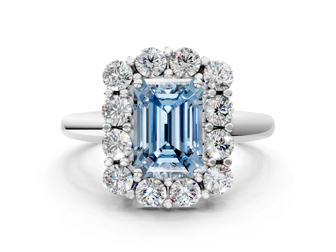 White gold Fancy Blue Emerald  Halo Cluster Diamond Engagement Ring with Prong Setting and Polished Band_87