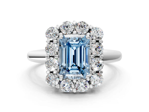 White gold Fancy Blue Emerald  Halo Cluster Diamond Engagement Ring with Prong Setting and Polished Band