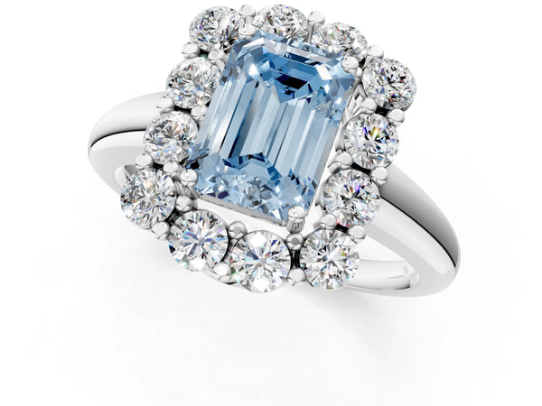 White gold Fancy Blue Emerald  Halo Cluster Diamond Engagement Ring with Prong Setting and Polished Band