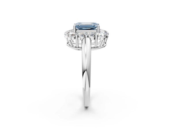 White gold Fancy Blue Emerald  Halo Cluster Diamond Engagement Ring with Prong Setting and Polished Band