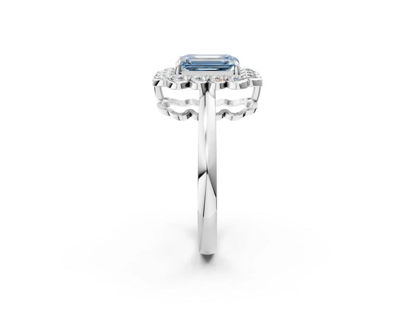 White gold Fancy Blue Emerald  Halo Cluster Diamond Engagement Ring with Solitaire Band and Prong Setting