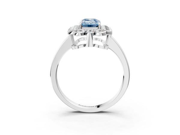 White gold Fancy Blue Emerald  Halo Cluster Diamond Engagement Ring with Solitaire Band and Prong Setting