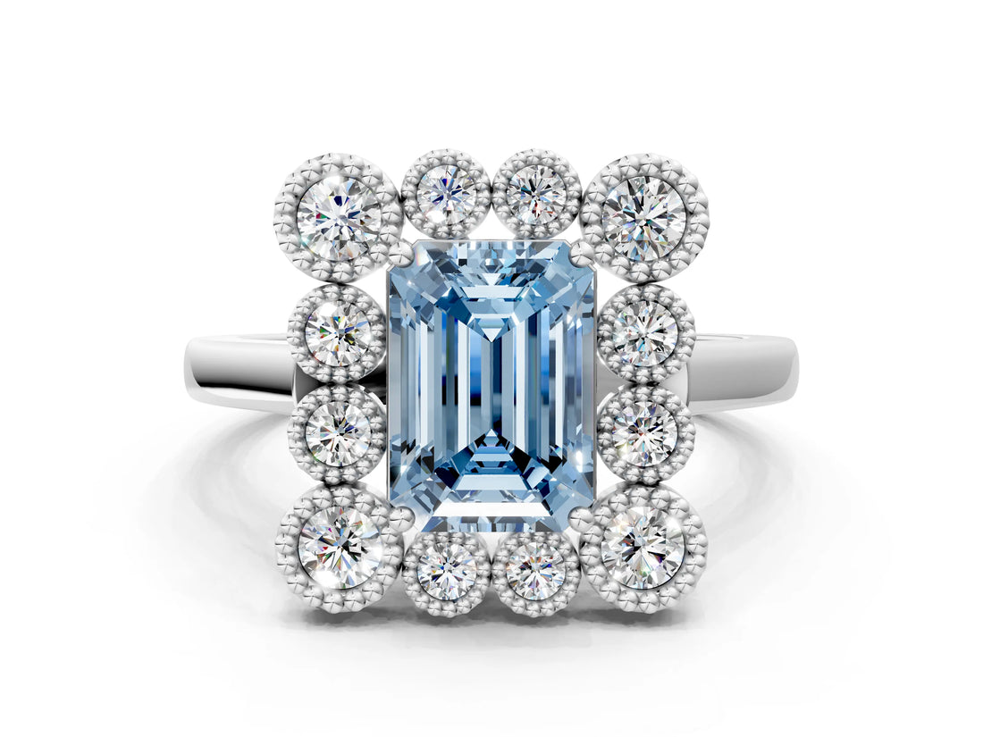 White gold Fancy Blue Emerald  Halo Diamond Cluster Engagement Ring with Milgrain Bezel Setting and Solitaire Band_27