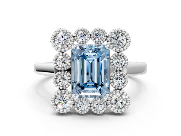 White gold Fancy Blue Emerald  Halo Diamond Cluster Engagement Ring with Milgrain Bezel Setting and Solitaire Band