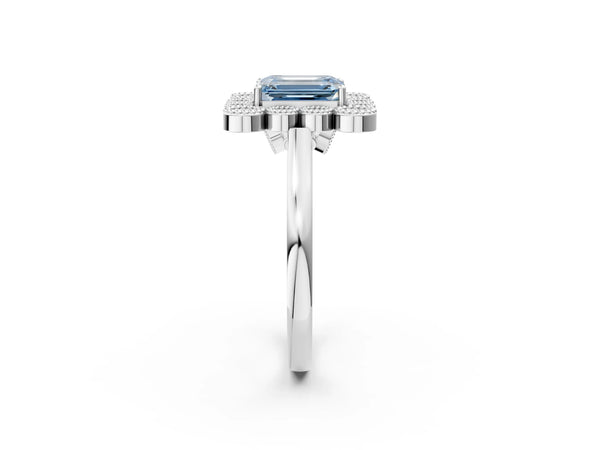 White gold Fancy Blue Emerald  Halo Diamond Cluster Engagement Ring with Milgrain Bezel Setting and Solitaire Band