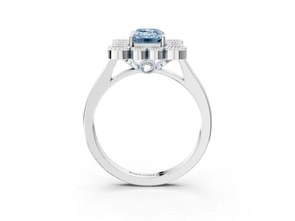 White gold Fancy Blue Emerald  Halo Diamond Cluster Engagement Ring with Milgrain Bezel Setting and Solitaire Band