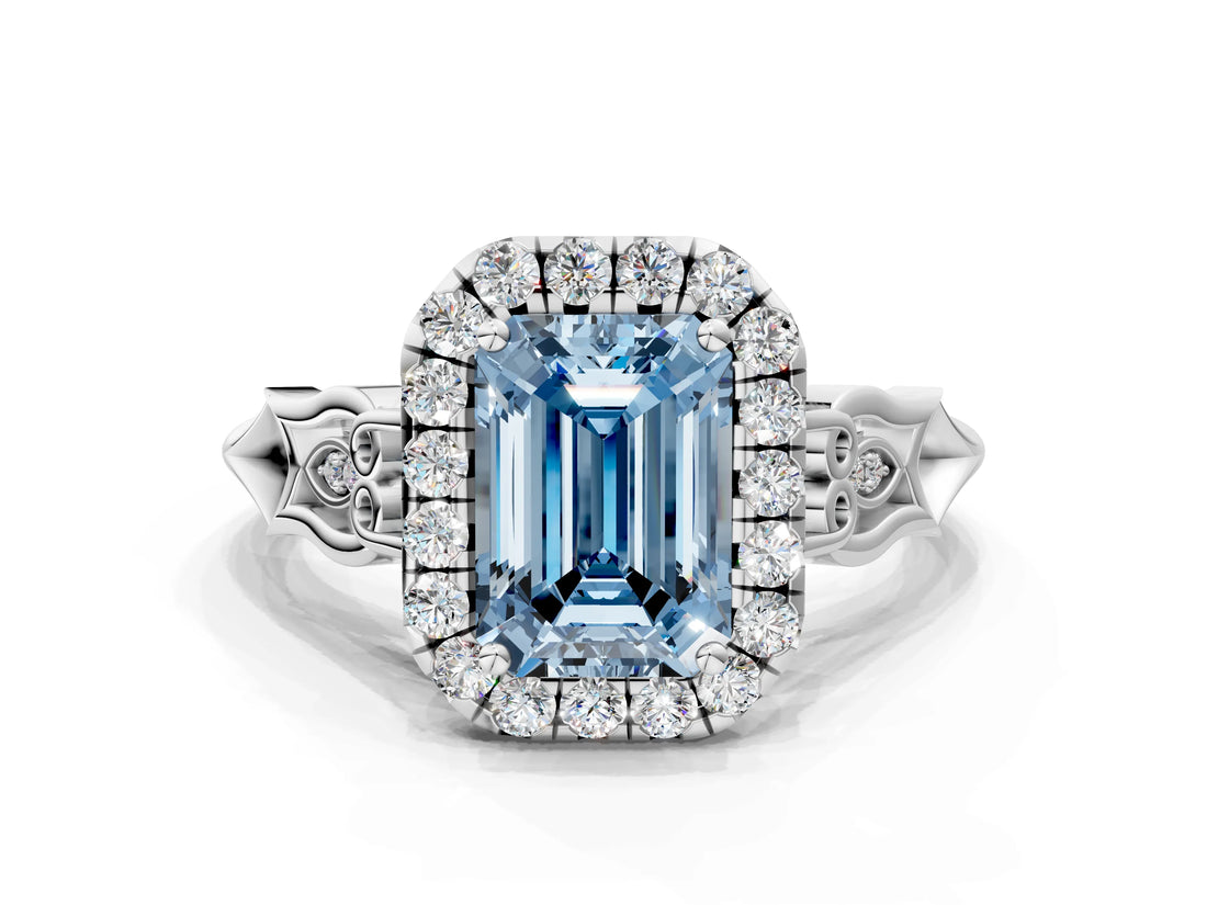White gold Fancy Blue Emerald  Halo Diamond Engagement Ring with Filigree Band and Four-Prong Setting_105