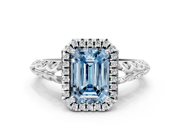 Platinum Fancy Blue Emerald  Halo Diamond Engagement Ring with Intricate Filigree Band and Four-Prong Setting