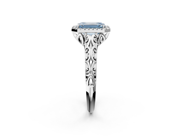 Platinum Fancy Blue Emerald  Halo Diamond Engagement Ring with Intricate Filigree Band and Four-Prong Setting