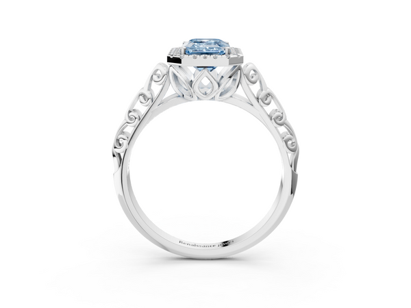Platinum Fancy Blue Emerald  Halo Diamond Engagement Ring with Intricate Filigree Band and Four-Prong Setting