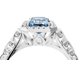 White gold Fancy Blue Emerald  Halo Diamond Engagement Ring with Intricate Filigree Band and Four-Prong Setting_42
