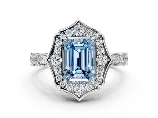 White gold Fancy Blue Emerald  Halo Diamond Engagement Ring with Milgrain Band and Four-Prong Setting