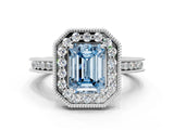 White gold Fancy Blue Emerald  Halo Diamond Engagement Ring with Milgrain Pave Band and Four-Prong Setting_67