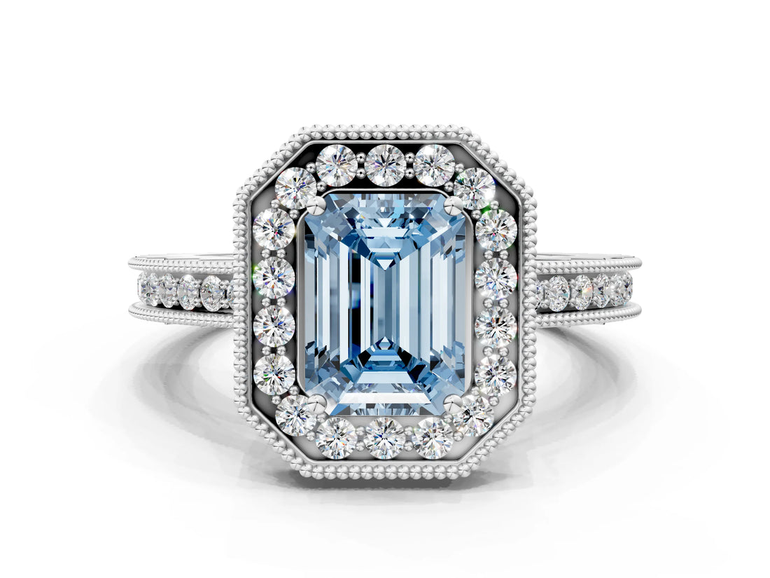 White gold Fancy Blue Emerald  Halo Diamond Engagement Ring with Milgrain Pave Band and Four-Prong Setting_69