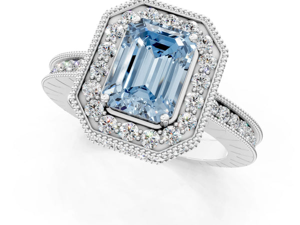White gold Fancy Blue Emerald  Halo Diamond Engagement Ring with Milgrain Pave Band and Four-Prong Setting