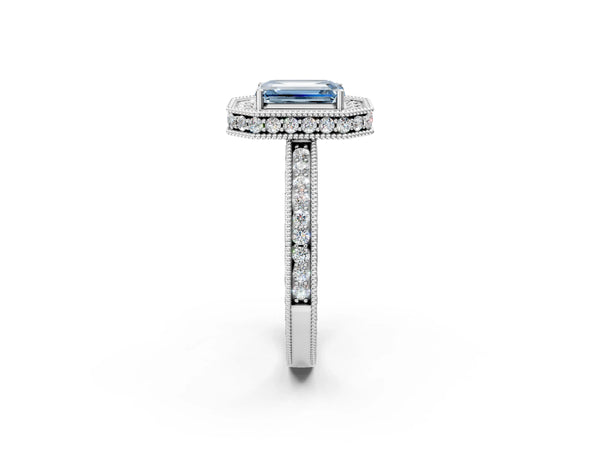 White gold Fancy Blue Emerald  Halo Diamond Engagement Ring with Milgrain Pave Band and Four-Prong Setting