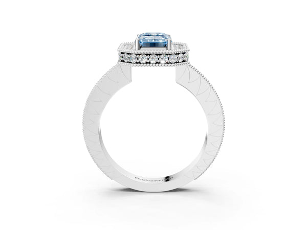 White gold Fancy Blue Emerald  Halo Diamond Engagement Ring with Milgrain Pave Band and Four-Prong Setting