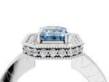 White gold Fancy Blue Emerald  Halo Diamond Engagement Ring with Milgrain Pave Band and Four-Prong Setting_78