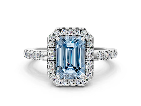 Platinum Fancy Blue Emerald  Halo Diamond Engagement Ring with Pavé Band and Four-Prong Setting