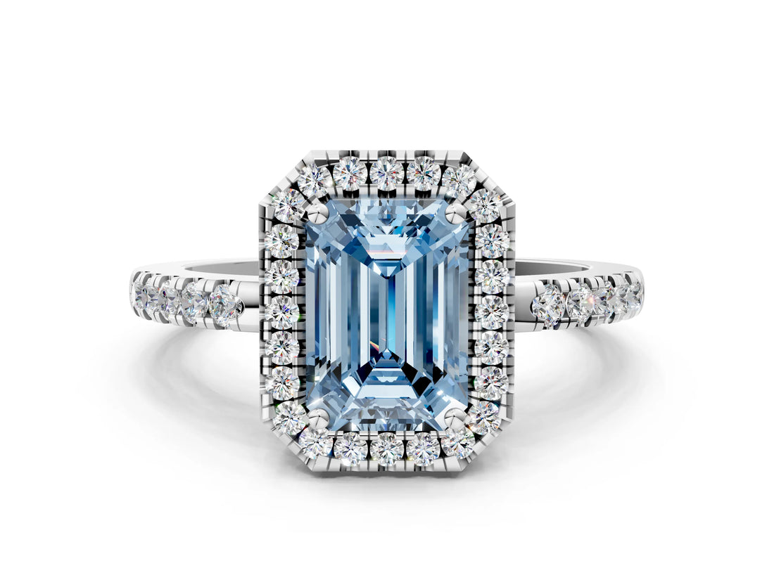 White gold Fancy Blue Emerald  Halo Diamond Engagement Ring with Pavé Band and Four-Prong Setting_81