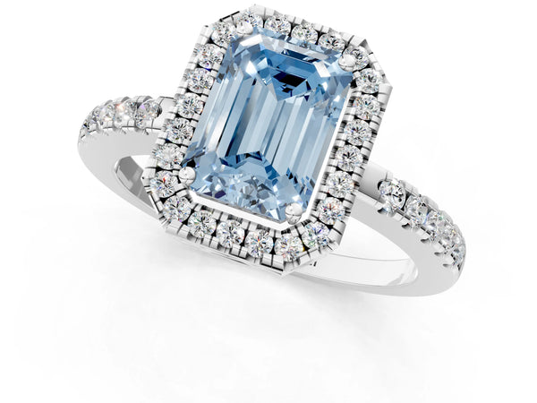 Platinum Fancy Blue Emerald  Halo Diamond Engagement Ring with Pavé Band and Four-Prong Setting