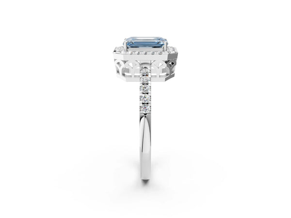 Platinum Fancy Blue Emerald  Halo Diamond Engagement Ring with Pavé Band and Four-Prong Setting